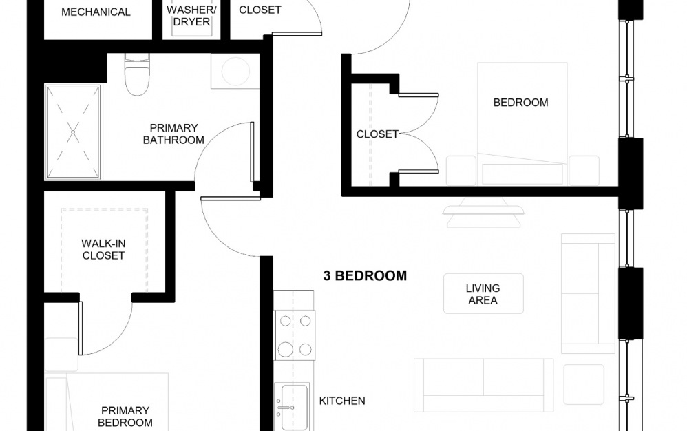 Three Bed - 3 bedroom floorplan layout with 2 baths