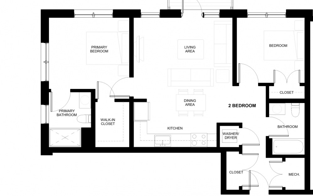 Two Bed - 2 bedroom floorplan layout with 2 baths