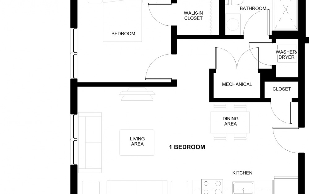 One Bed - 1 bedroom floorplan layout with 1 bath